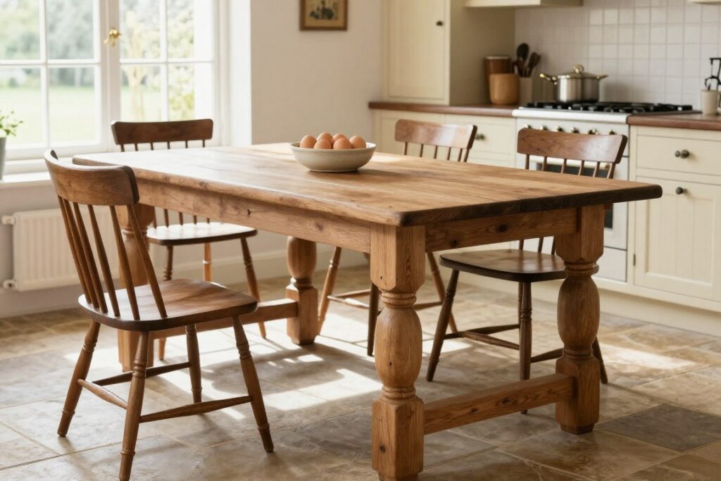 Farmhouse table in cottage kitchen setting