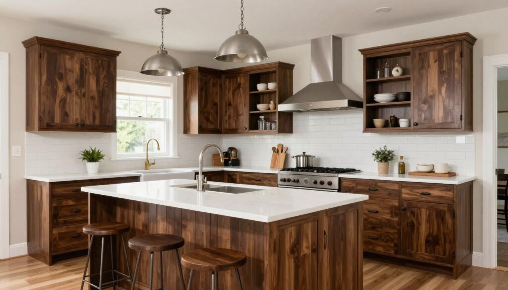 Final styled modern rustic kitchen with dark walnut cabinets showing complete design integration
