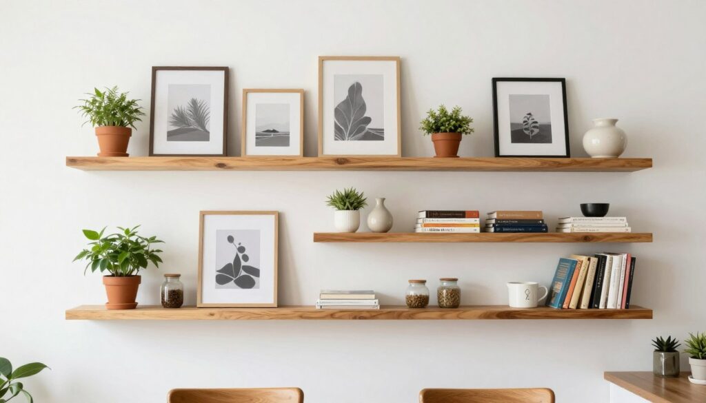 Floating shelves with leaning artwork and decorative objects in kitchen