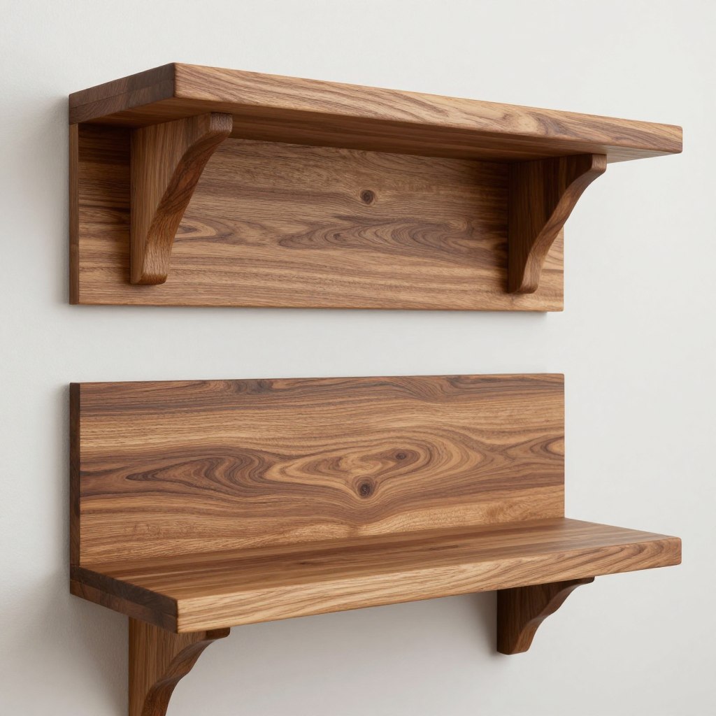 Floating wood shelves with warm walnut finish for kitchen display