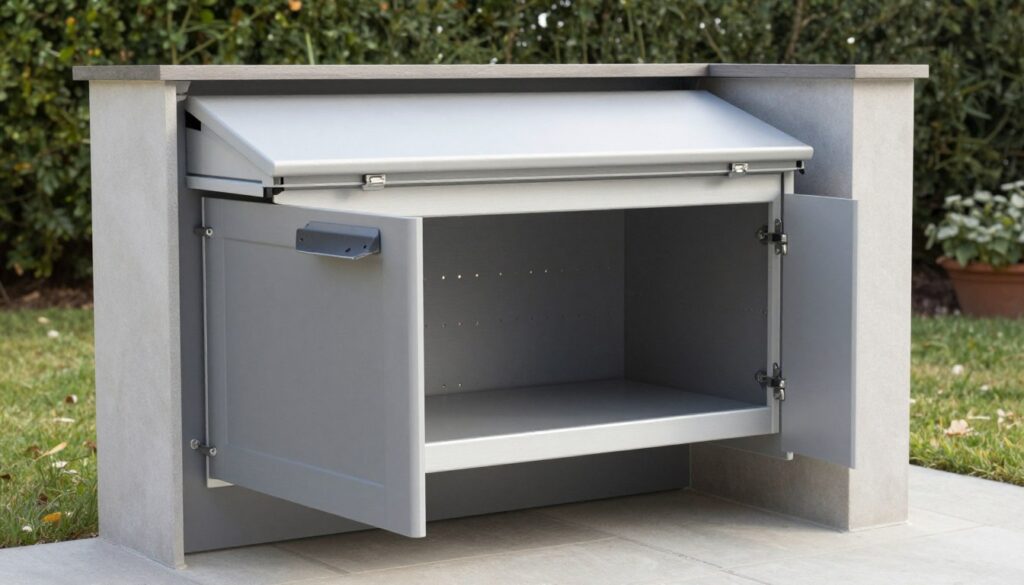 Fold-out Murphy outdoor kitchen in closed position against wall