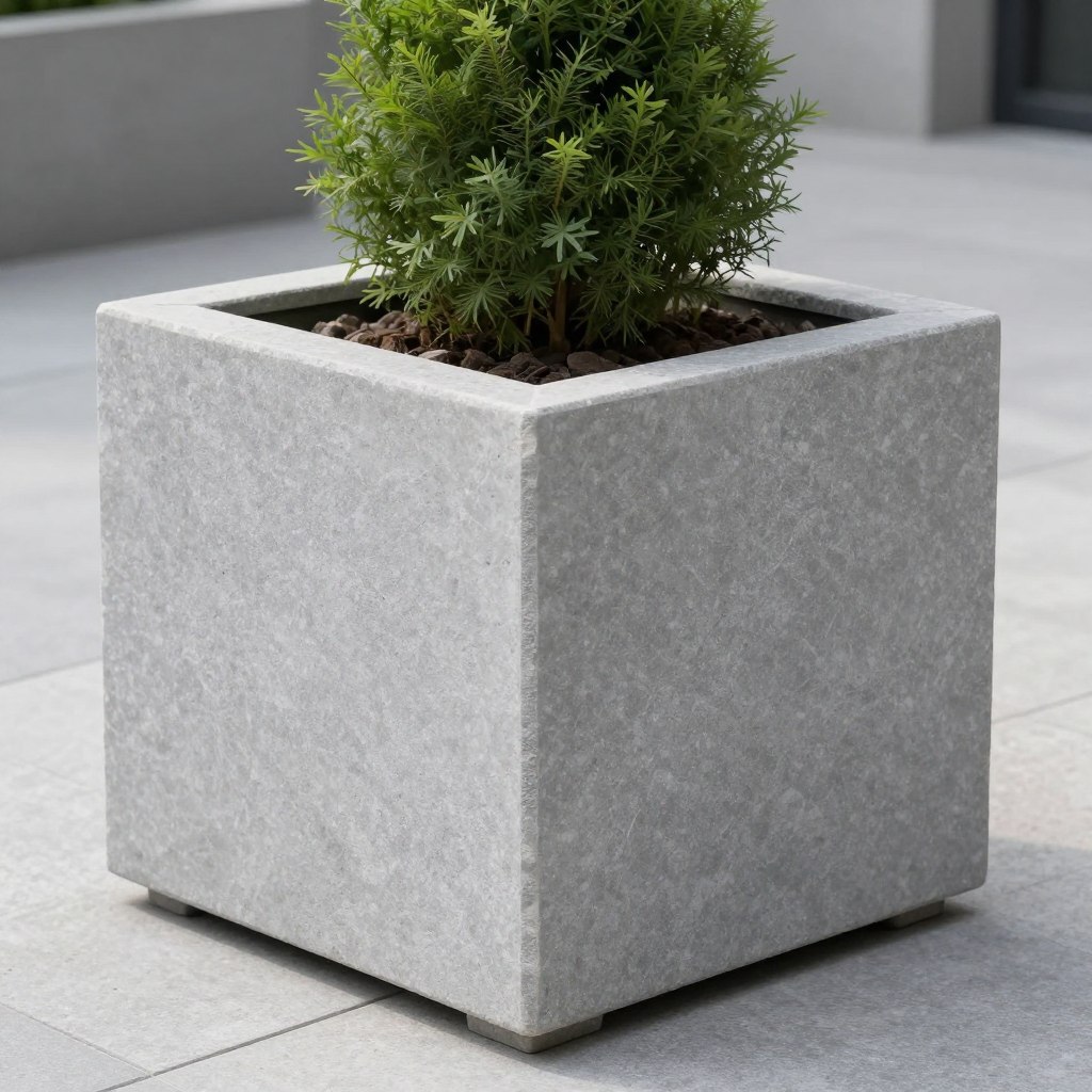 Gray stone planter with greenery on balcony