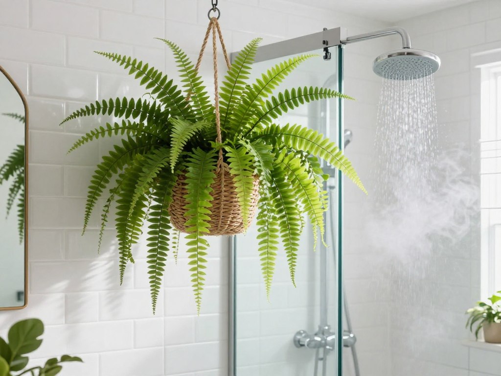 Hanging fern positioned near glass shower enclosure in luxury bathroom