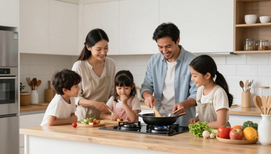 Happy family enjoying their perfectly designed new kitchen together