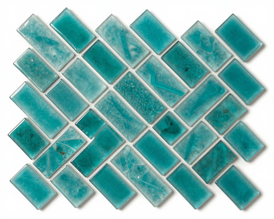 Herringbone pattern sea glass tile backsplash in coastal kitchen