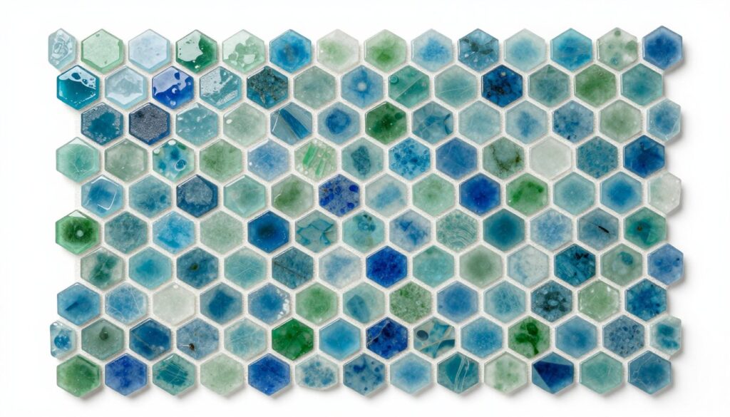 Hexagon sea glass mosaic tile backsplash creating honeycomb pattern