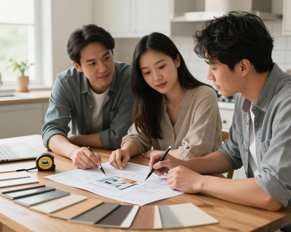 Homeowner reviewing kitchen renovation plans with designer