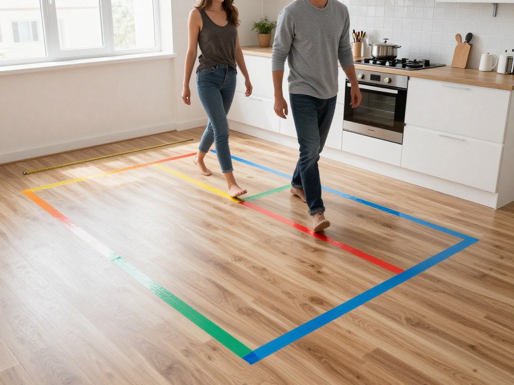 Homeowners using tape on floor to test kitchen layout before renovation