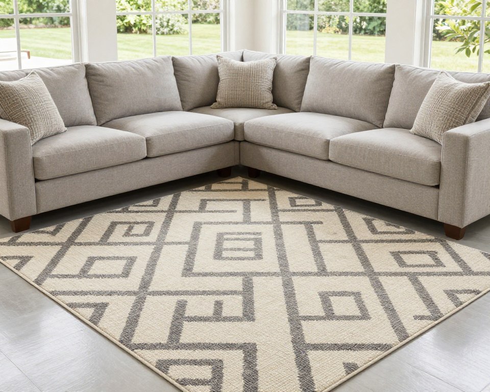 Indoor-outdoor area rug under sectional in sunroom, NO PEOPLE, NO HUMANS, NO HANDS