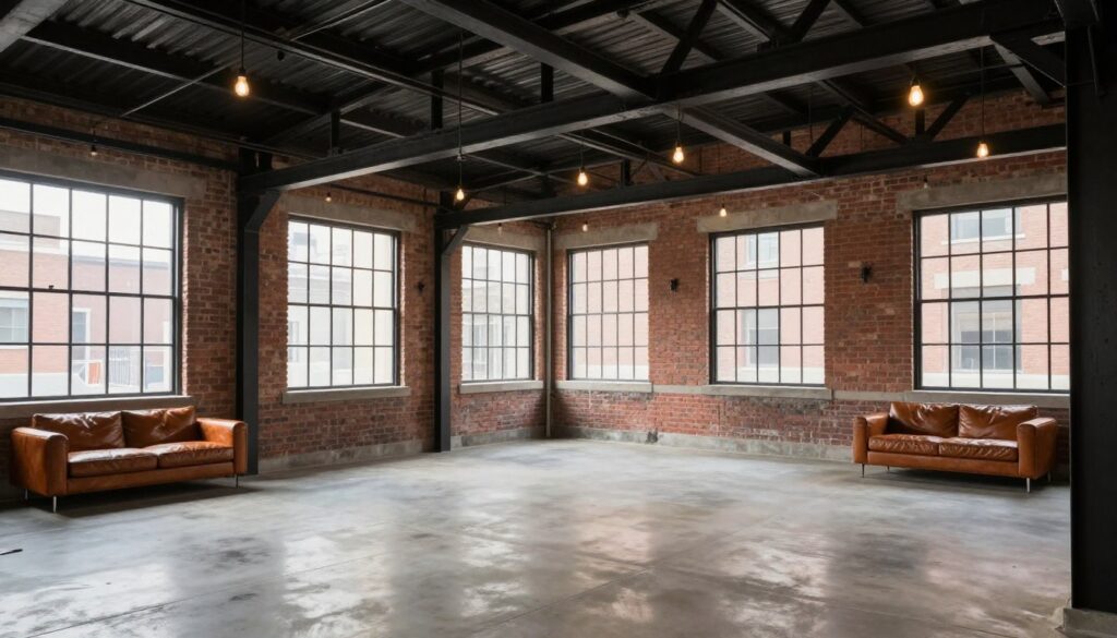 Industrial loft sunroom with exposed elements and metal framework, empty urban space