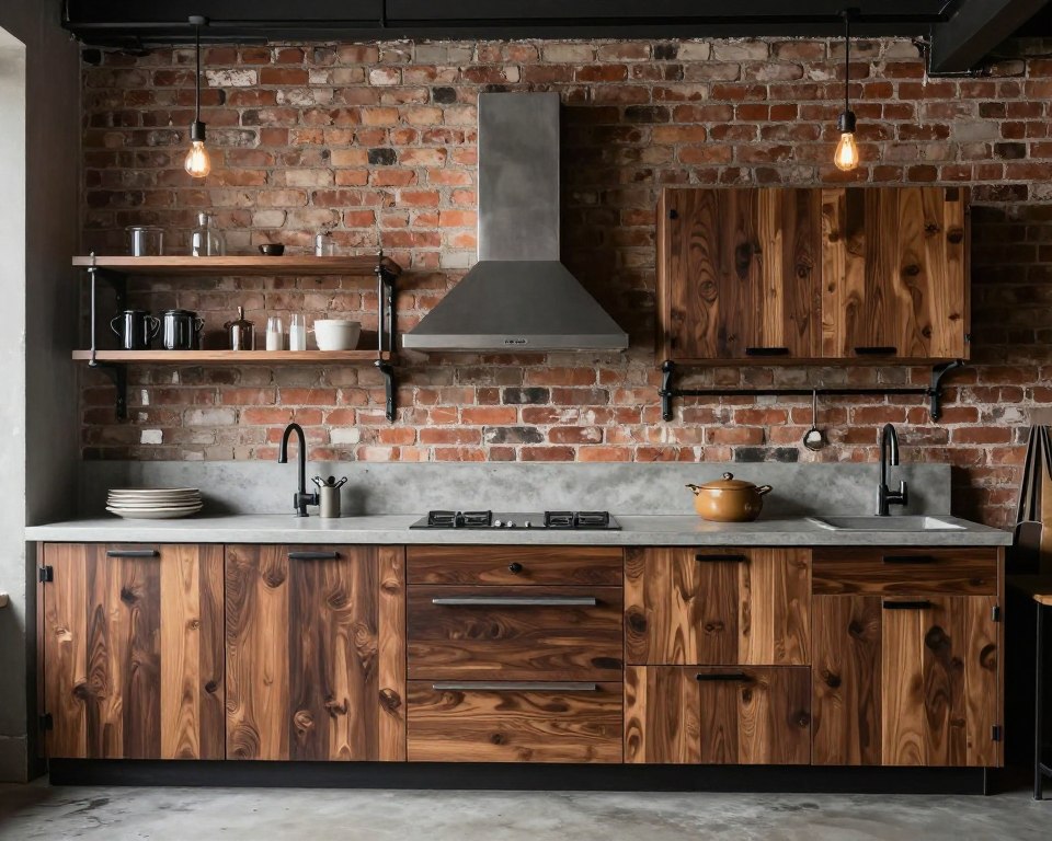 Industrial rustic kitchen combining dark walnut cabinets with metal shelving and concrete countertops