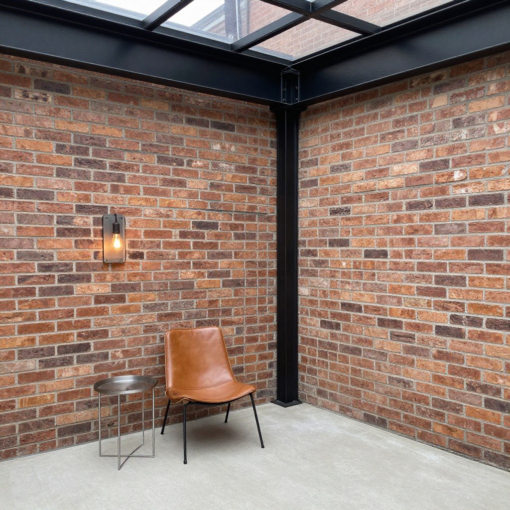 Industrial sunroom detail showing material combinations and textures, empty textured corner