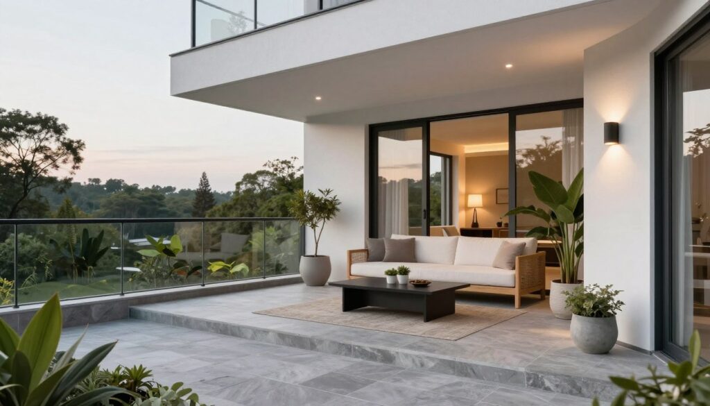 Inspiring modern balcony showcasing white oak and stone design