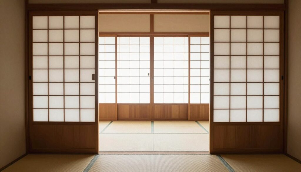 Japanese zen sunroom with minimal furniture and natural materials, empty peaceful space