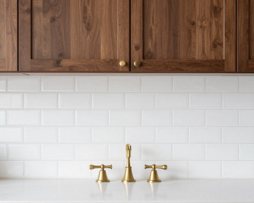 Kitchen backsplash detail showing white subway tiles between dark walnut cabinets and white countertops
