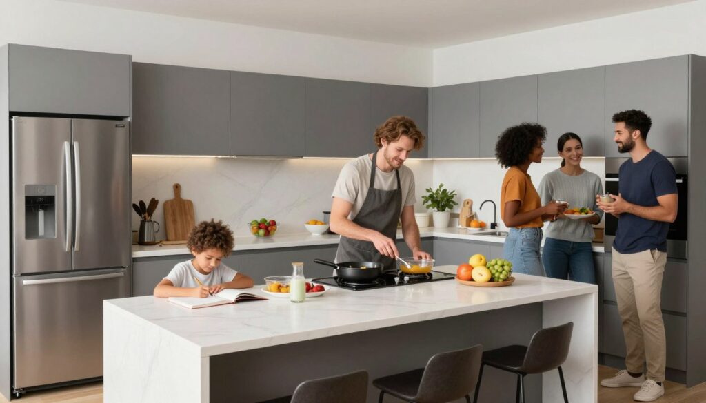Kitchen being used for multiple purposes - cooking, homework, and socializing