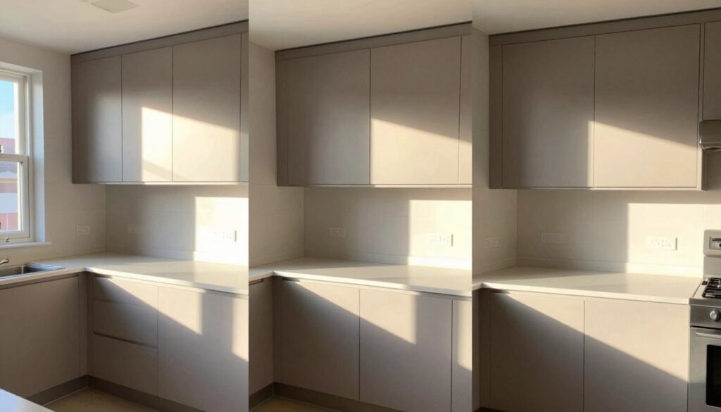 Kitchen cabinets shown in different lighting conditions throughout the day