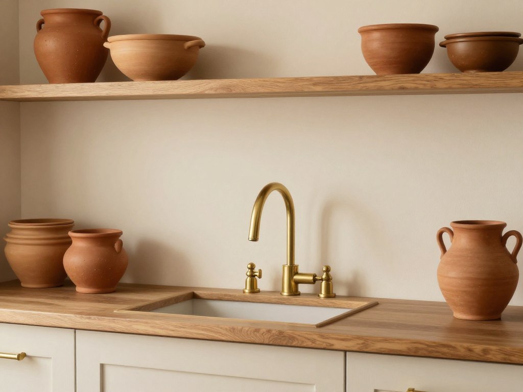 Kitchen color scheme displaying warm cream walls with terracotta accent colors and brass details