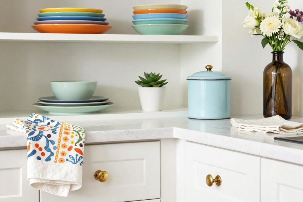 Kitchen corner showing quick whimsical updates including new hardware, displayed vintage items, and colorful accessories