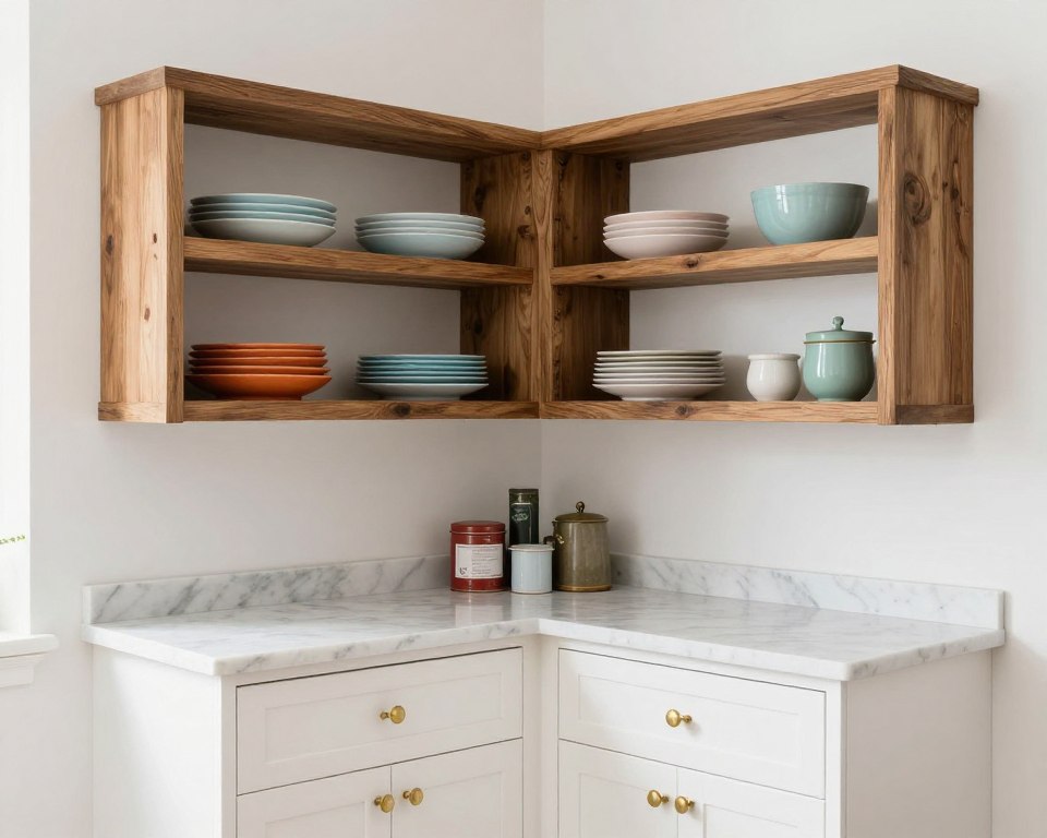 Kitchen corner with mix of open wooden shelving and closed white cabinets creating functional and decorative balance