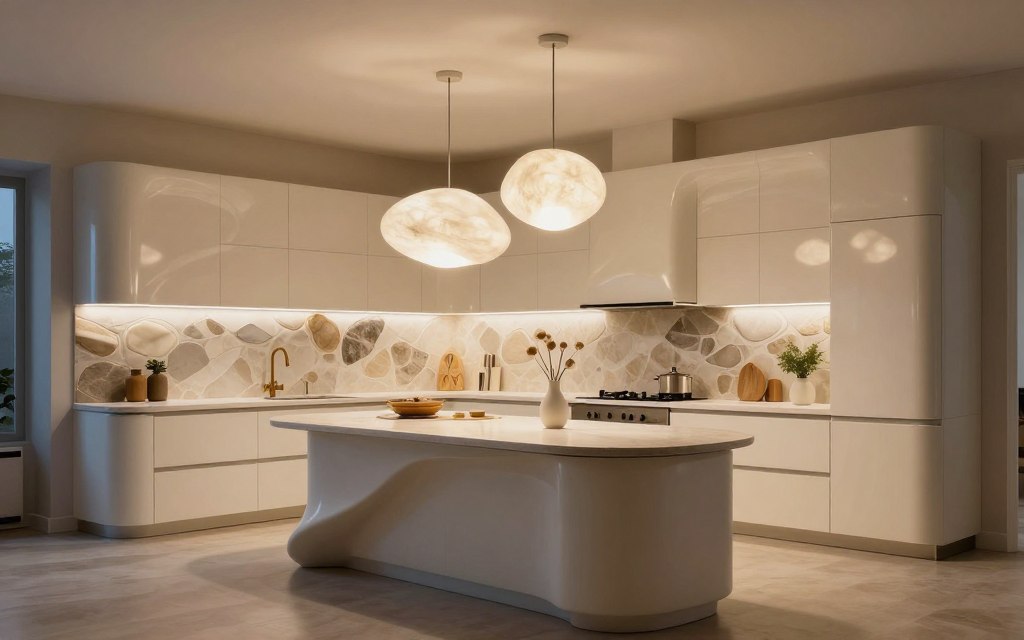 Kitchen featuring curved island, organic-shaped pendant lights, and natural pattern backsplash in biophilic design