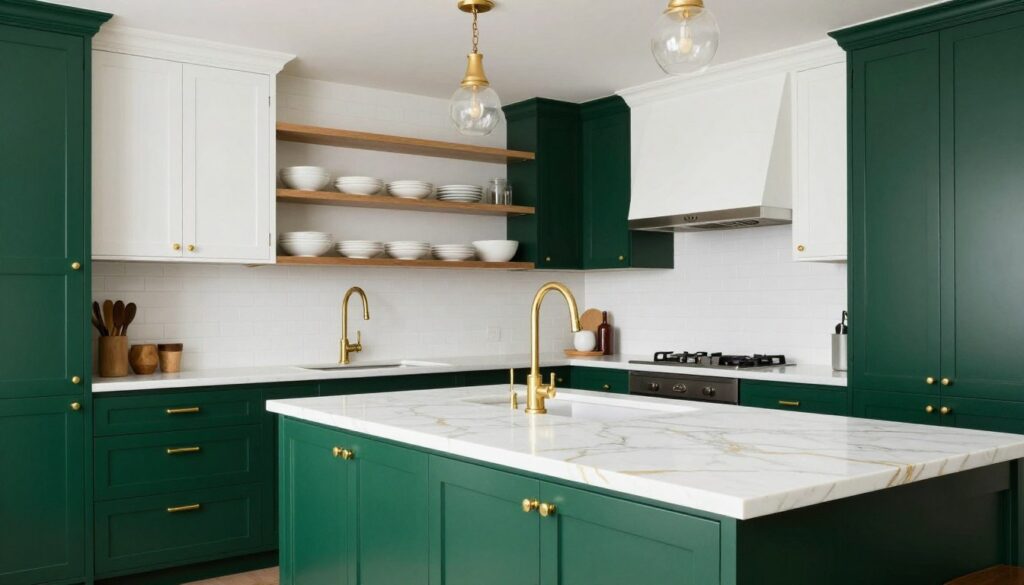 Kitchen featuring deep emerald green painted cabinets with brass hardware creating dramatic sophisticated look