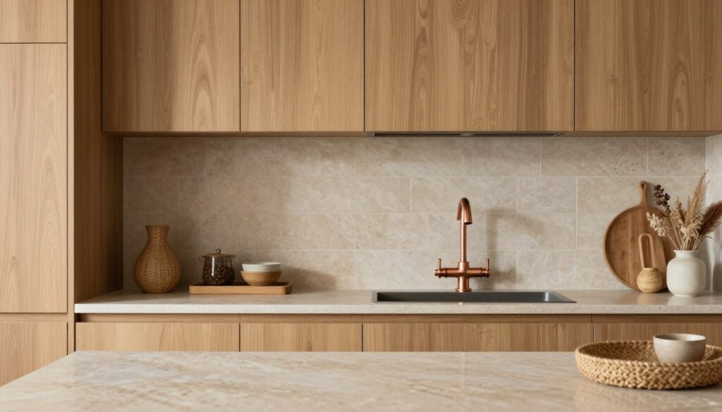 Kitchen featuring natural wood cabinets, stone countertops, and organic material textures in biophilic design