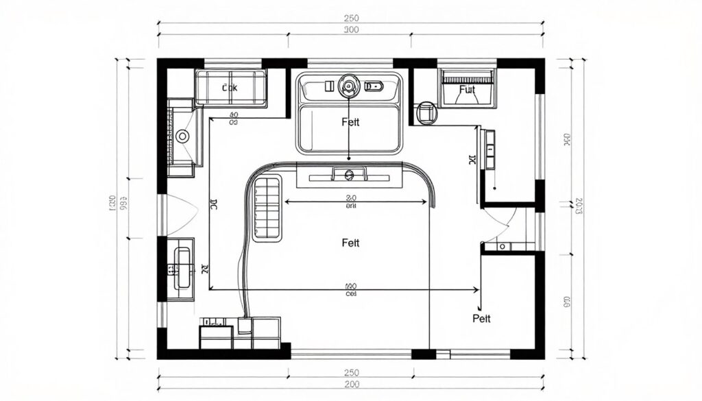 Kitchen floor plan with measured work triangle distances labeled in feet