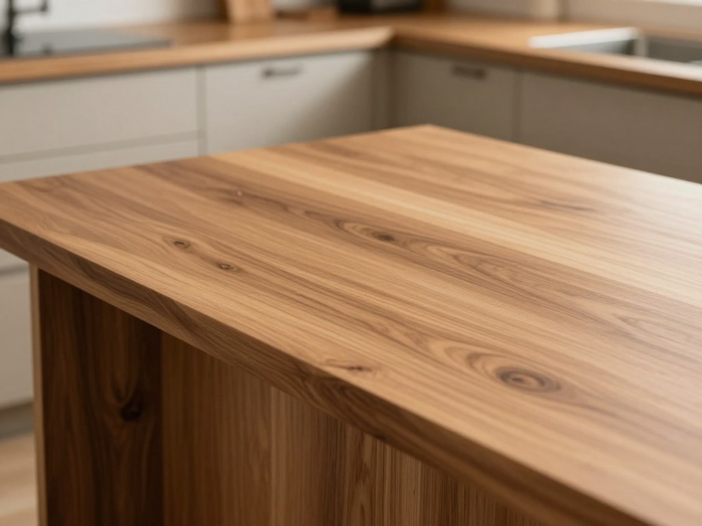 Kitchen island with natural walnut wood countertop and warm wood grain details