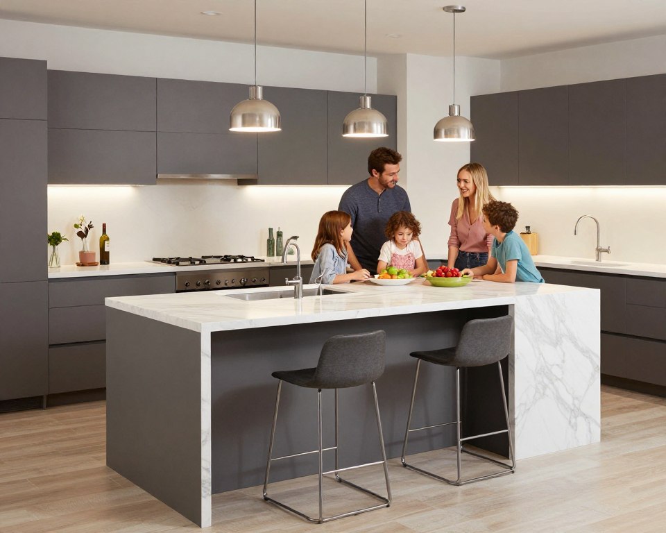 Kitchen island with seating and multiple work zones integrated