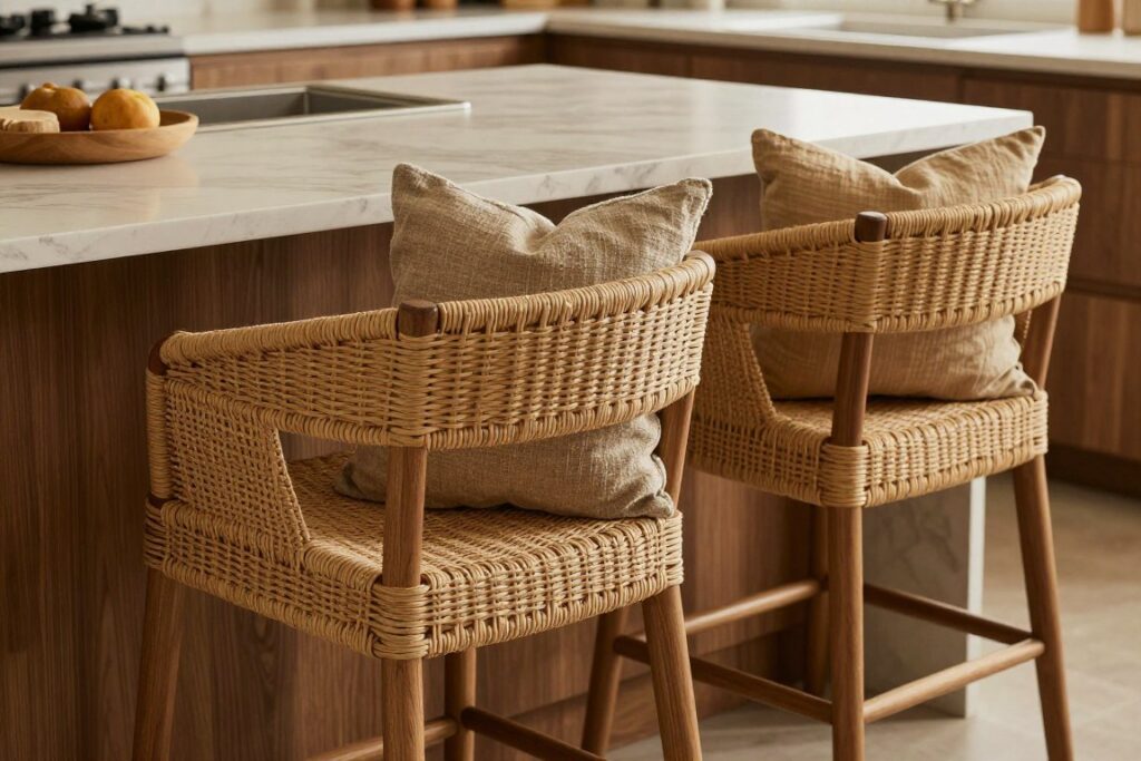 Kitchen island with woven bar stools and textured linen seat cushions