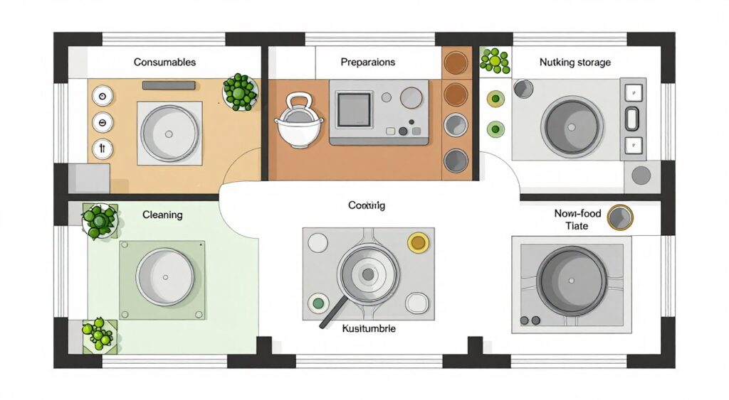 Kitchen layout diagram showing five distinct work zones with labels