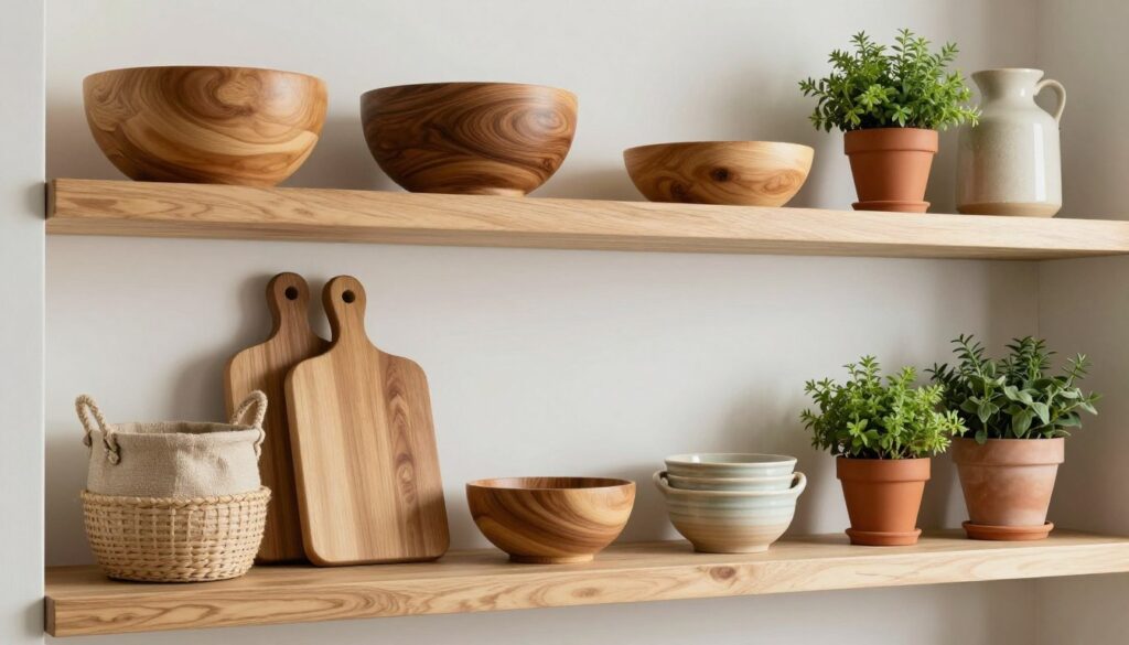 Kitchen shelving displaying natural wood bowls, pottery, and fresh herbs in terracotta pots