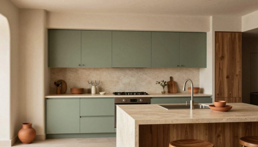 Kitchen showcasing earthy color palette with warm browns, soft greens, and natural tones throughout