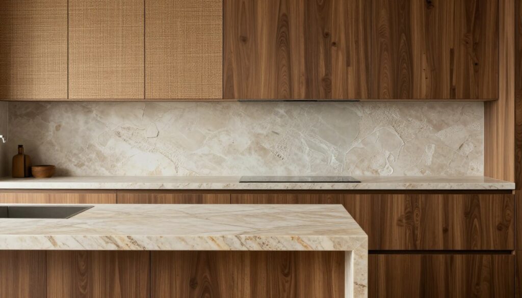 Kitchen showcasing multiple textures including rough stone countertops and smooth wood cabinets