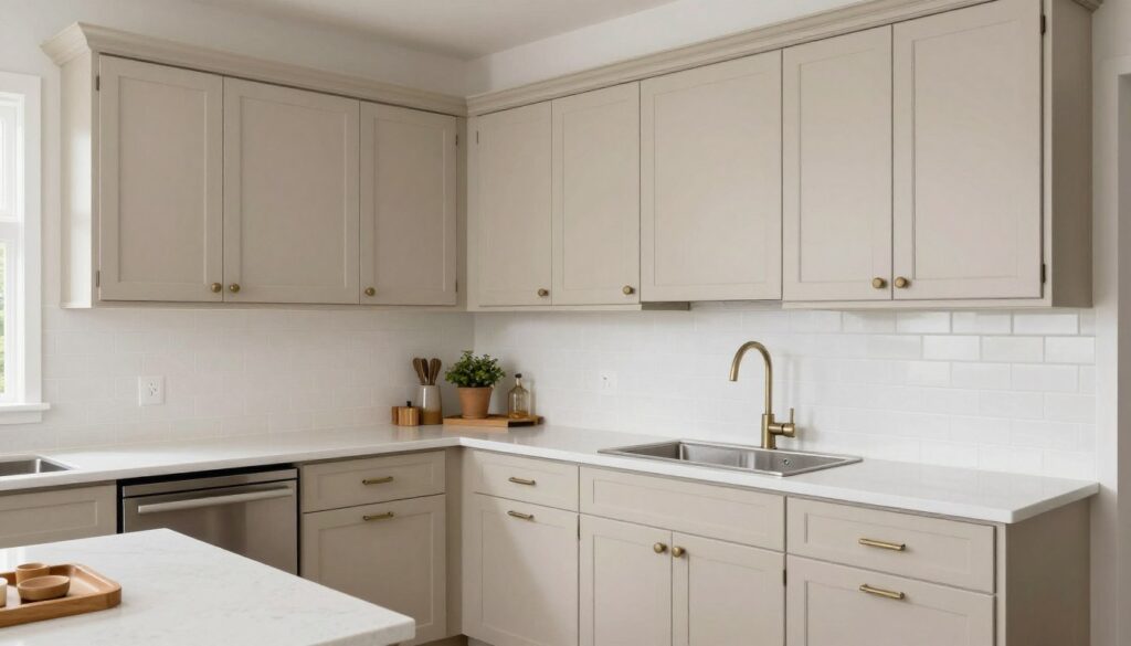Kitchen showing Accessible Beige cabinets paired with white countertops and various backsplash options