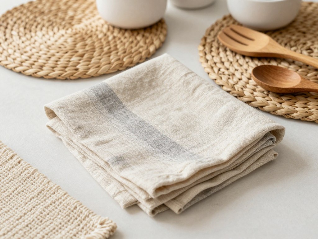 Kitchen textile styling showing linen towels, woven placemats, and natural fiber accessories