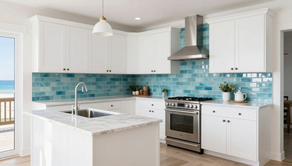 Kitchen with aqua blue sea glass backsplash tiles creating serene coastal atmosphere