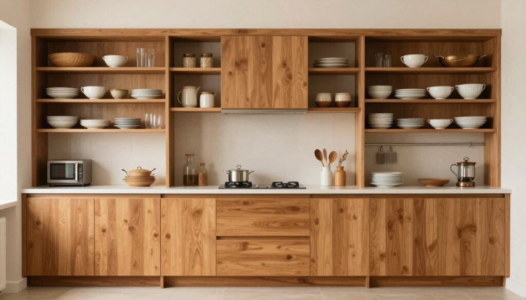 Kitchen with balanced mix of open wood shelving and closed white cabinets