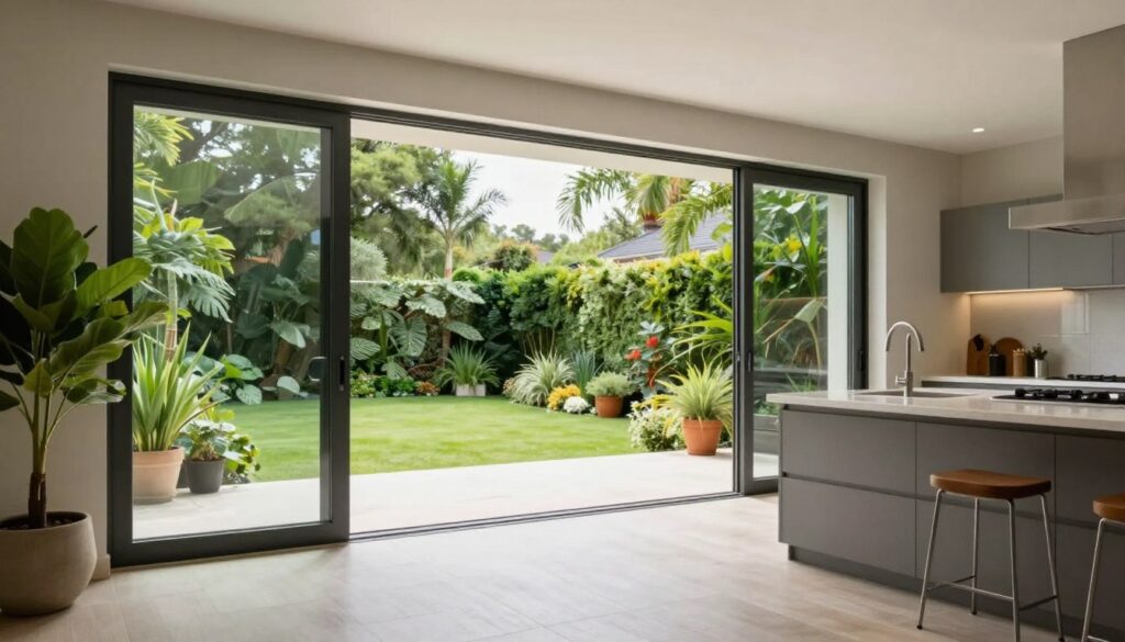 Kitchen with large glass doors opening to garden view, creating seamless indoor-outdoor connection