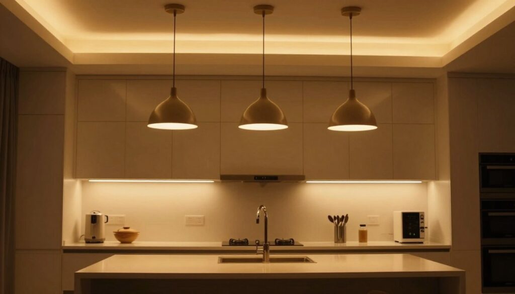 Kitchen with layered lighting including pendant lights over island and warm ambient lighting
