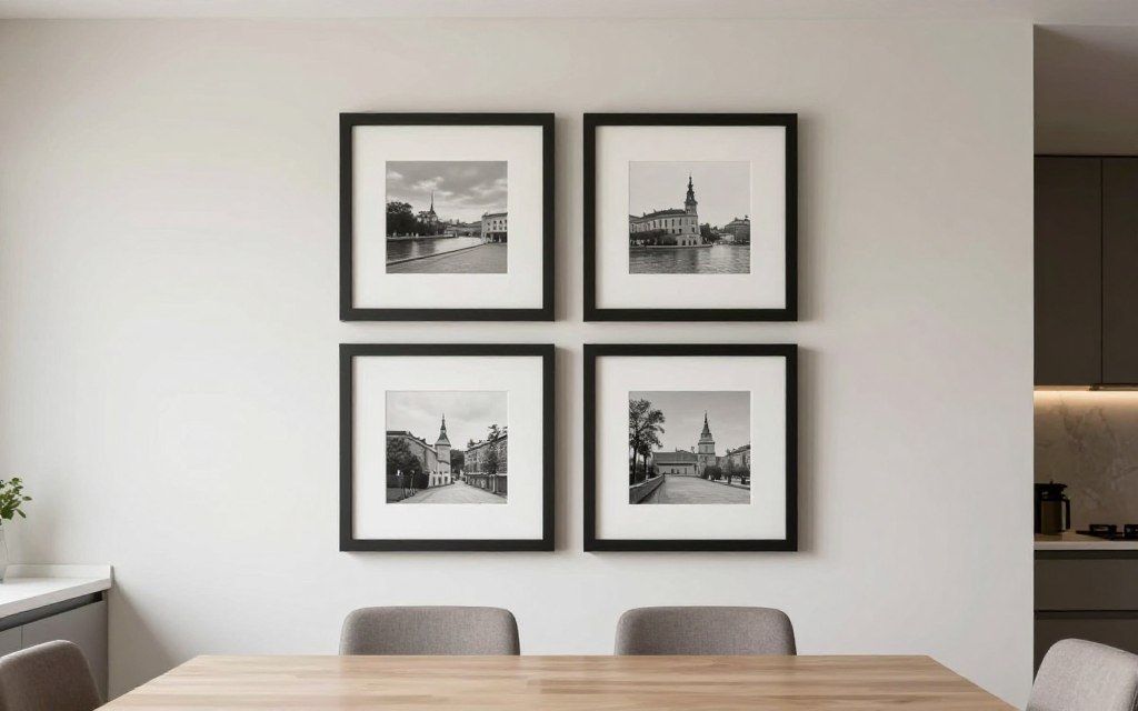 Kitchen with perfect grid gallery wall showing installation spacing