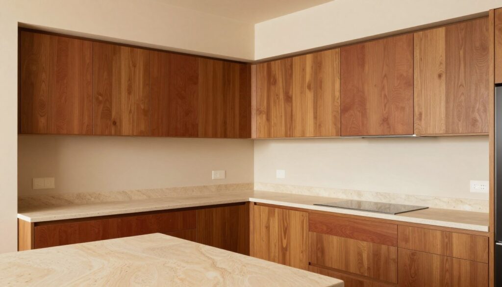Kitchen with warm earth-tone color palette featuring cream walls and warm wood cabinets