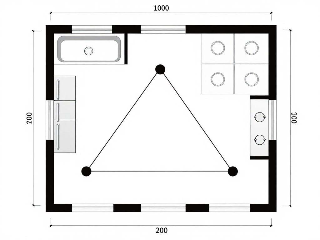 Kitchen work triangle diagram showing distances between sink, refrigerator, and stove