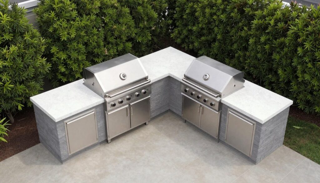 L-shaped outdoor kitchen layout in corner of patio with grill and counter space