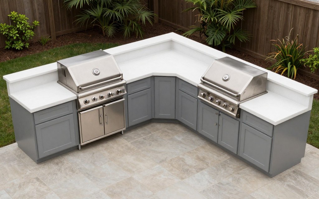 L-shaped outdoor kitchen showing cooking and prep zones
