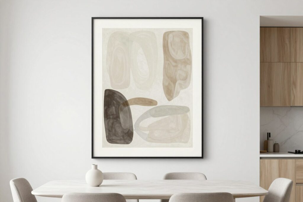 Large abstract art piece as single statement in modern minimalist kitchen