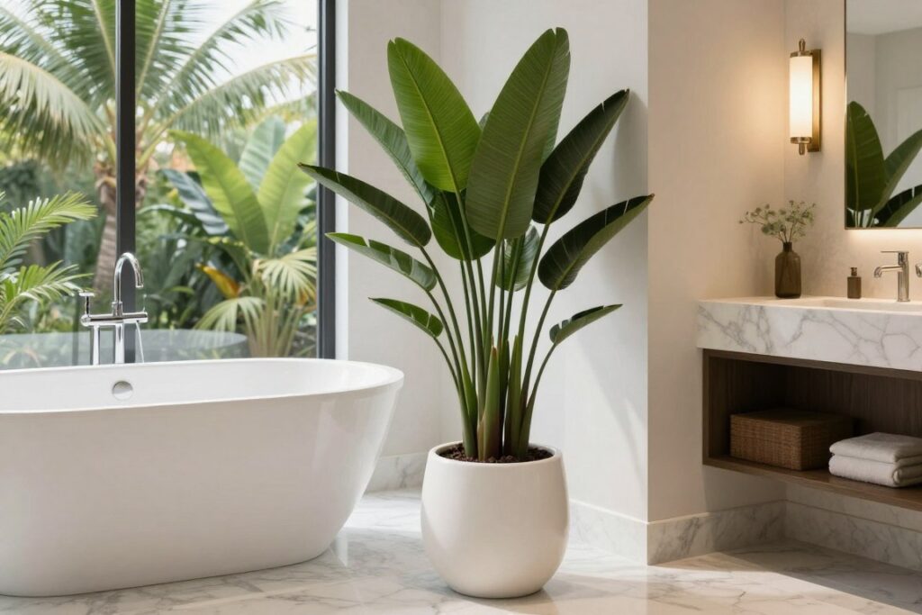 Large bird of paradise plant positioned beside freestanding bathtub in luxury bathroom