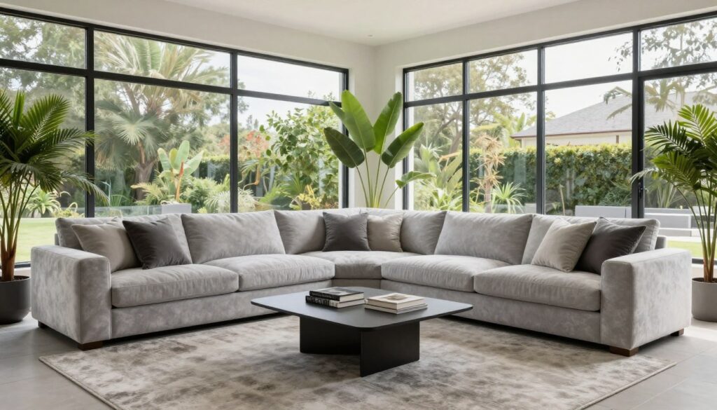 Large modular sectional sofa in spacious sunroom, NO PEOPLE, NO HUMANS, NO HANDS