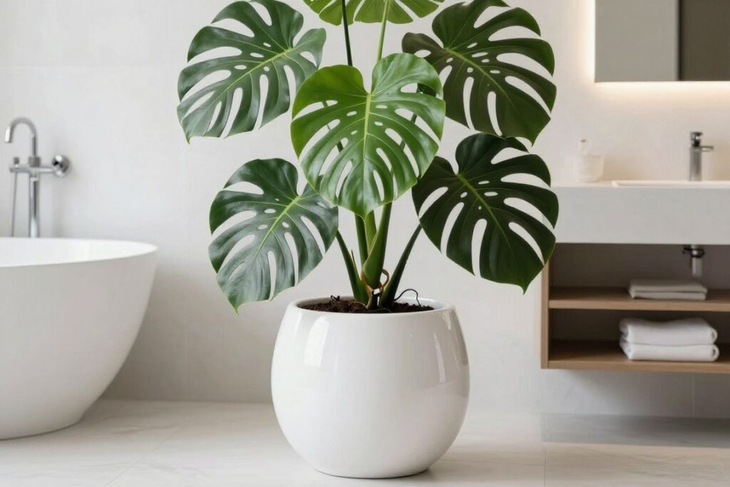 Large monstera in white glossy ceramic planter in modern bathroom